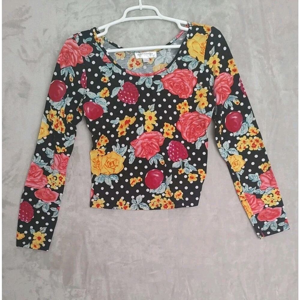 Amorbasics Women's Cropped Floral Top Medium Long Sleeves Stretchy Colorful